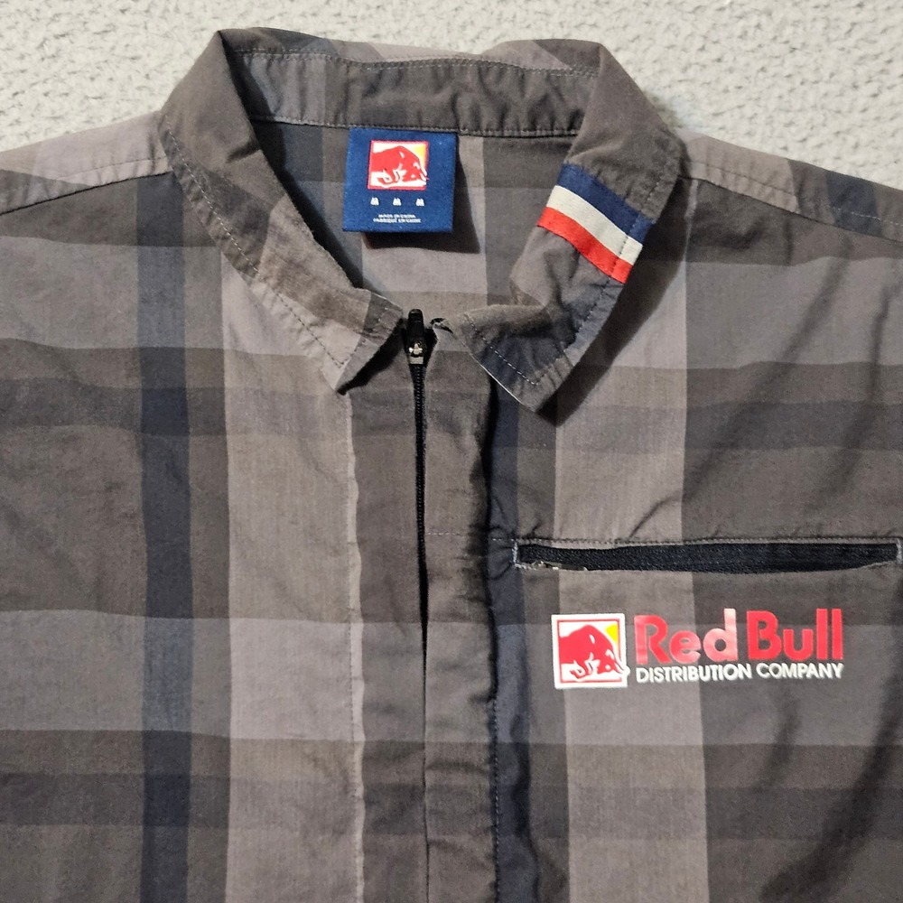Red Bull Shirt Sz Medium‎ Gray Distribution Uniform Workwear Plaid Zip Up